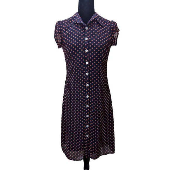 Voir Voir Navy Orange Polka Dot Button Up Dress Size 6 - Picture 1 of 7